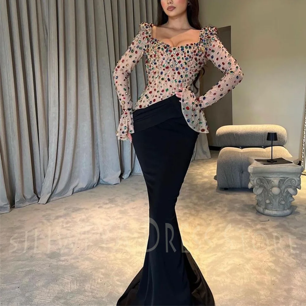 

Stylish Mermaid Evening Dress Colorful Crystal Beading Square Collar Romantic Full Sleeves Grand Party Prom Gown For Women