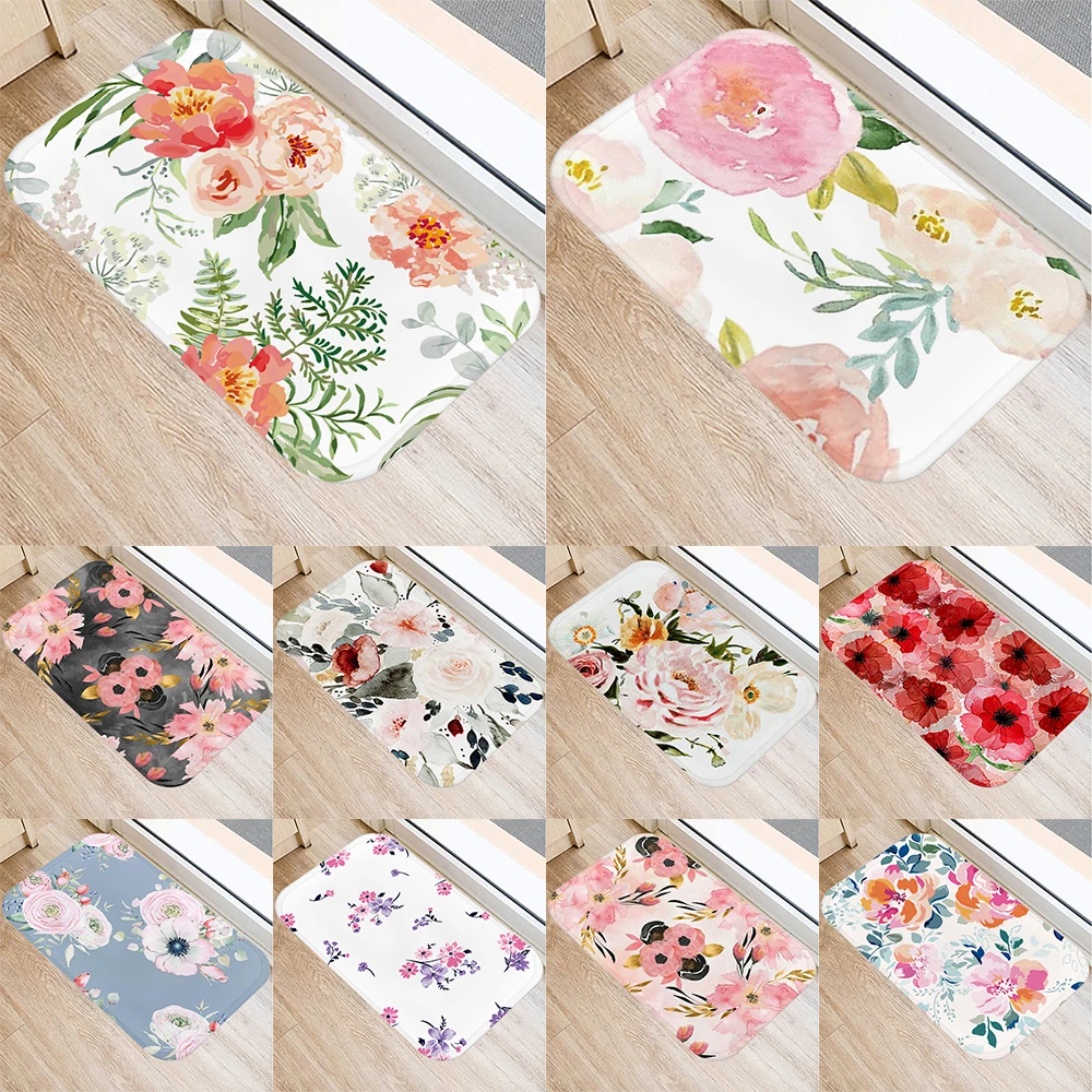 Colorful flower print pattern floor mat home kitchen bathroom entrance  decoration coral velvet carpet door  40 * 60cm