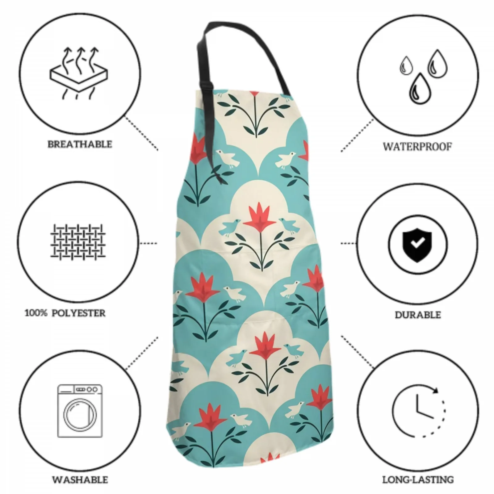 Flowers Waterproof Apron with 2 Pockets Kitchen Chef Aprons Bibs for Grooming Cooking Baking Painting Gardening