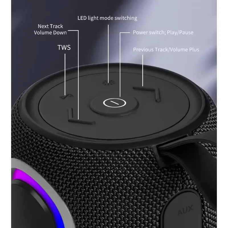 Portable Wireless Bluetooth Speaker IPX7 Waterproof RGB LED Light Large Capacity Battery Button Control Outdoor Music Player
