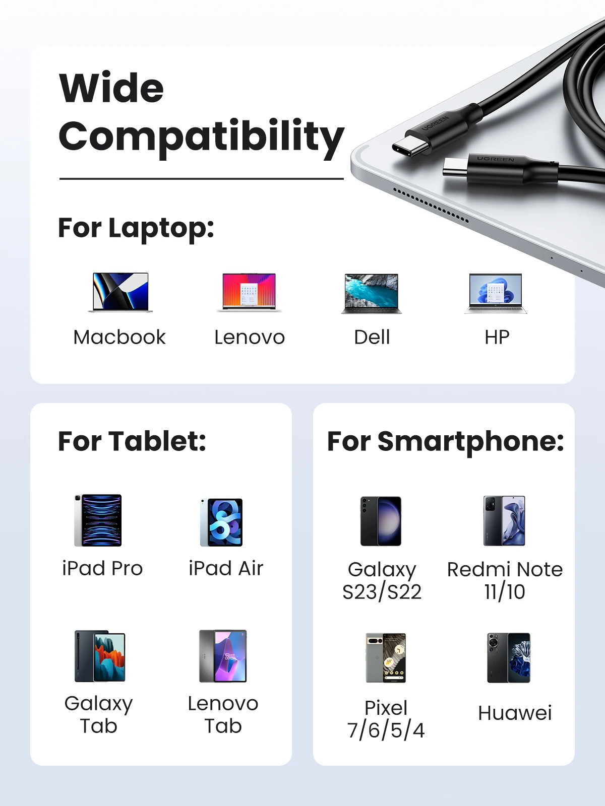 UGREEN USB C to USB Type-C Cable 100W 60W For iPhone 15 Macbook Samsung S23 Fast Charge Cable E-marker USB Type C 100W PD Cable