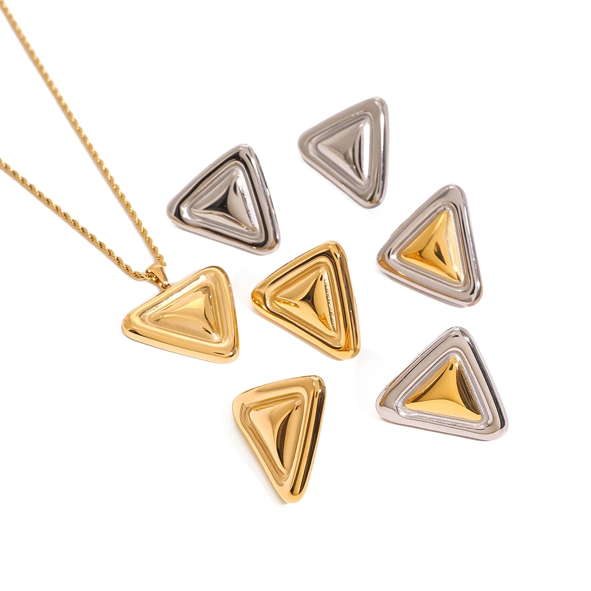 Jewelryposter New Cute Colorblocked Chubby Triangle Shiny Glossy Earrings Necklace 18K Gold Plated Stainless Steel Waterproof