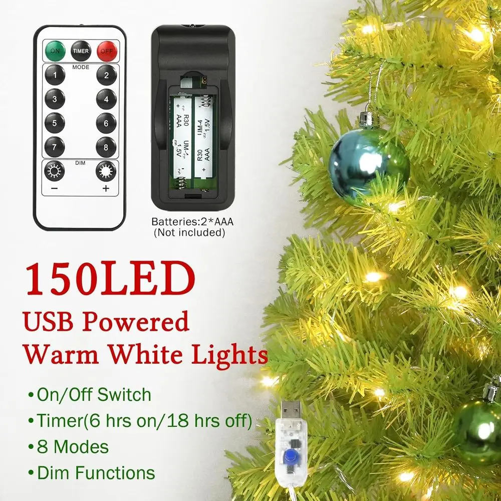 شجرة عيد الميلاد الخضراء الليمونية غريب الأطوار، بطول 6 أقدام مع 150 مصباح مؤقت LED، كرات وزخارف، شجرة أقلام صناعية قابلة للانحناء لـ #5