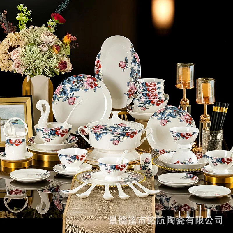 

Bowl and Dish Set Jingdezhen Underglaze Color Ceramic Meal Set Bone Porcelain Bowl and Dish Full Set housewarming Gift