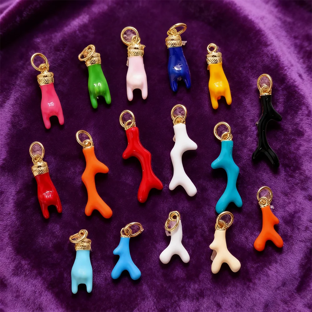 10Pcs Pendant for Diy Bracelet Necklace Making Enamel Hand  Antler Gestures Charm Brass Blue Red Green Black Jewelry Accessorie