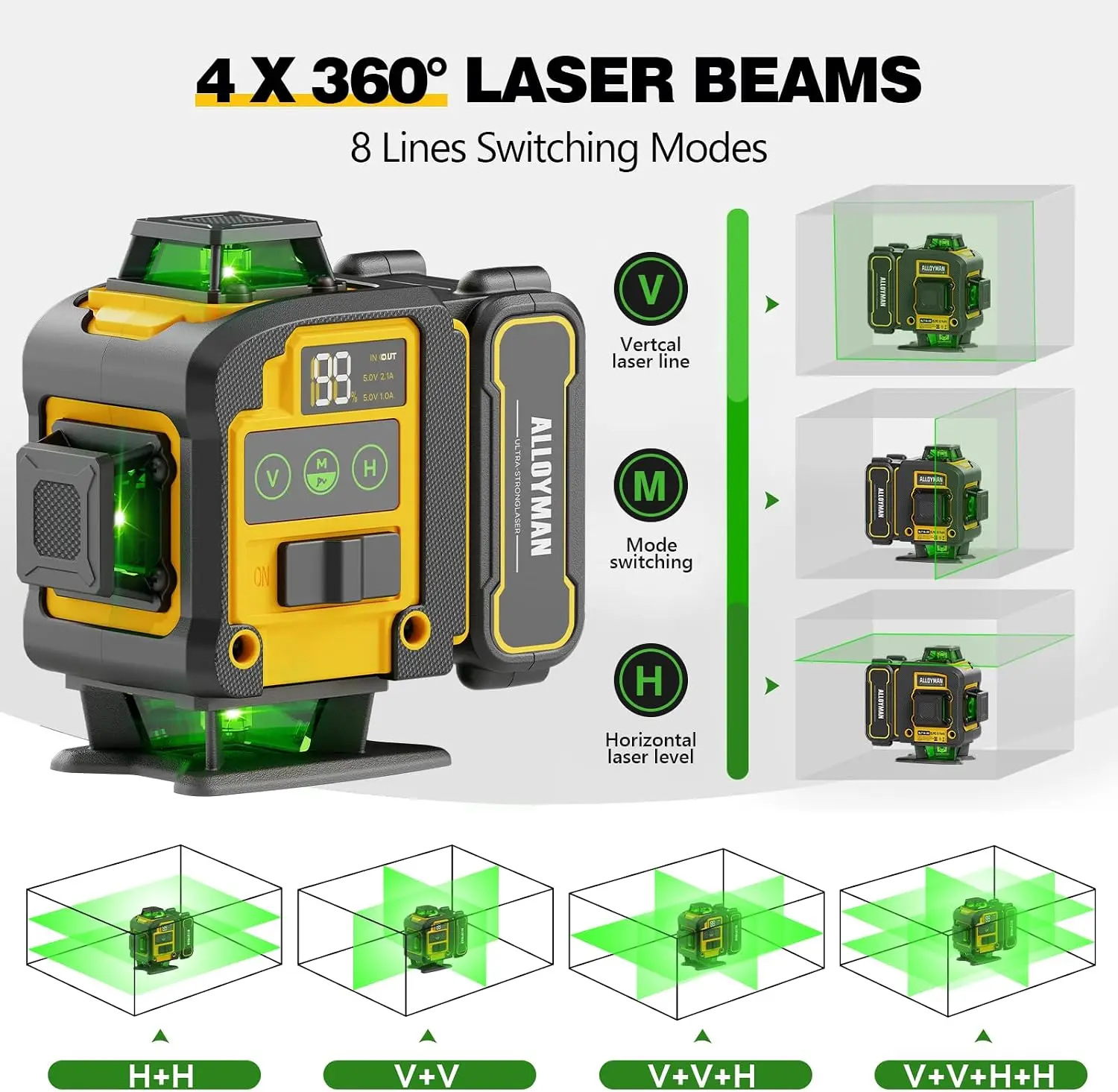 ^For 4x360°Self Leveling Laser Level, 12 Ft./3.7M Professional Laser Level Pole with Tripod, Green Line Lazer Leveler Tool with