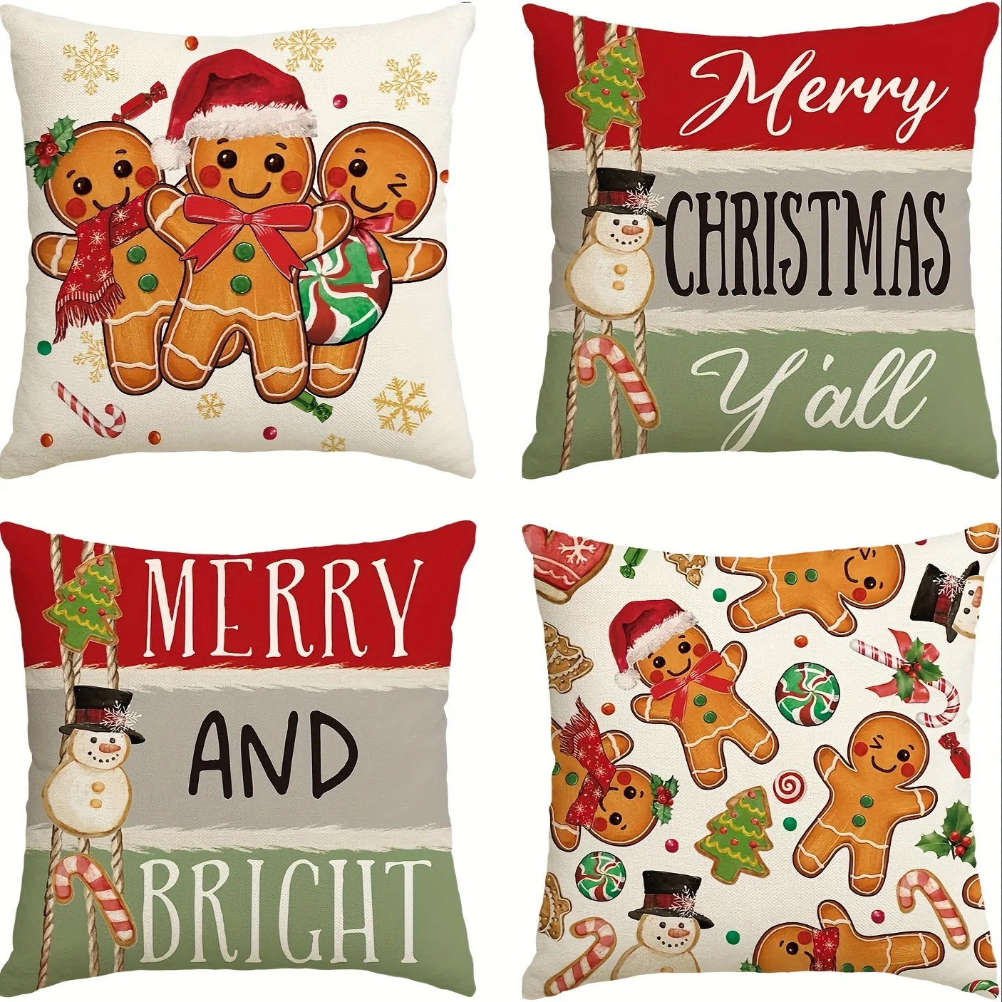 4-Pack Christmas Throw Pillow Covers, 16x16/18x18/20x20 Inches, Merry Bright Gingerbread Man & Snowflake Design