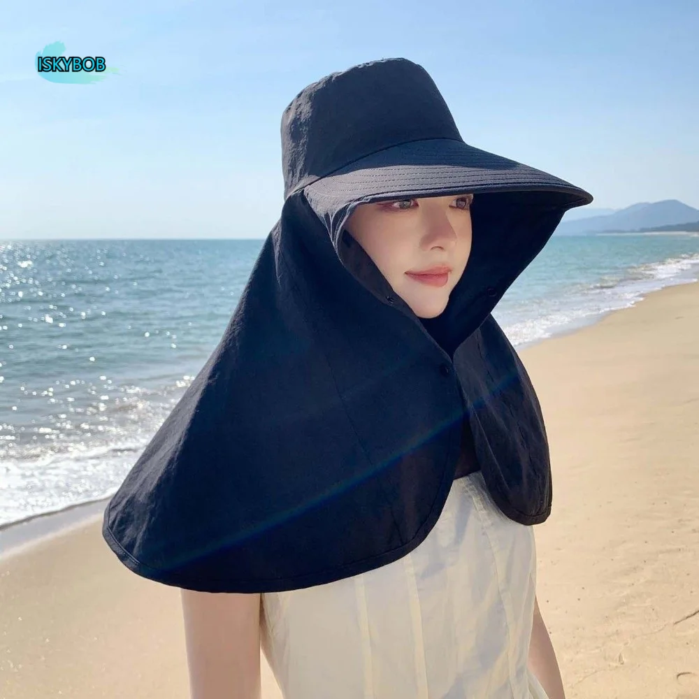 

Simple Wide Brim Shawl Fisherman Hat Breathable Elastic Mountaineering Cap Neck Protection Adjustable Women Sun Cap Summer