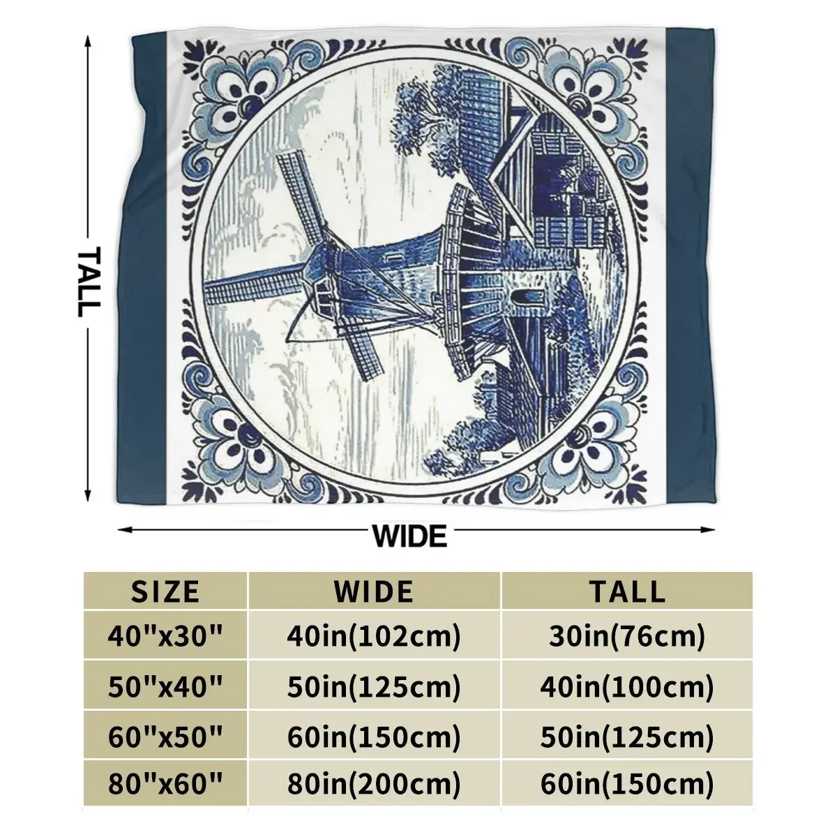 DUTCH BLUE DELFT Vintage Windmill Print Blankets Soft Warm Flannel Throw Blanket Bedding for Bed Living room Picnic Travel Home