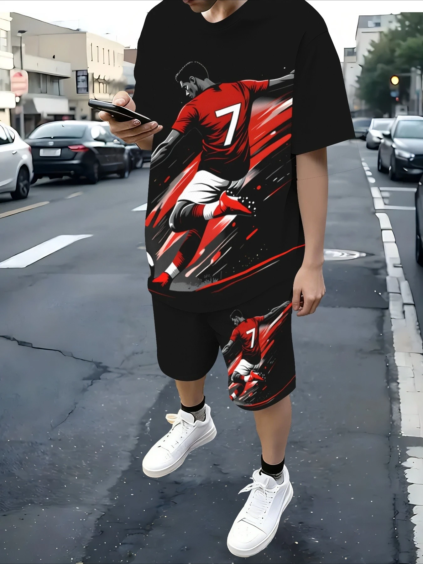 Ensemble Sportif Homme 3D Tendance 2026 pour Supporters de Football # Ensemble de deux pièces, short de sport décontracté à manches courtes, taille plus