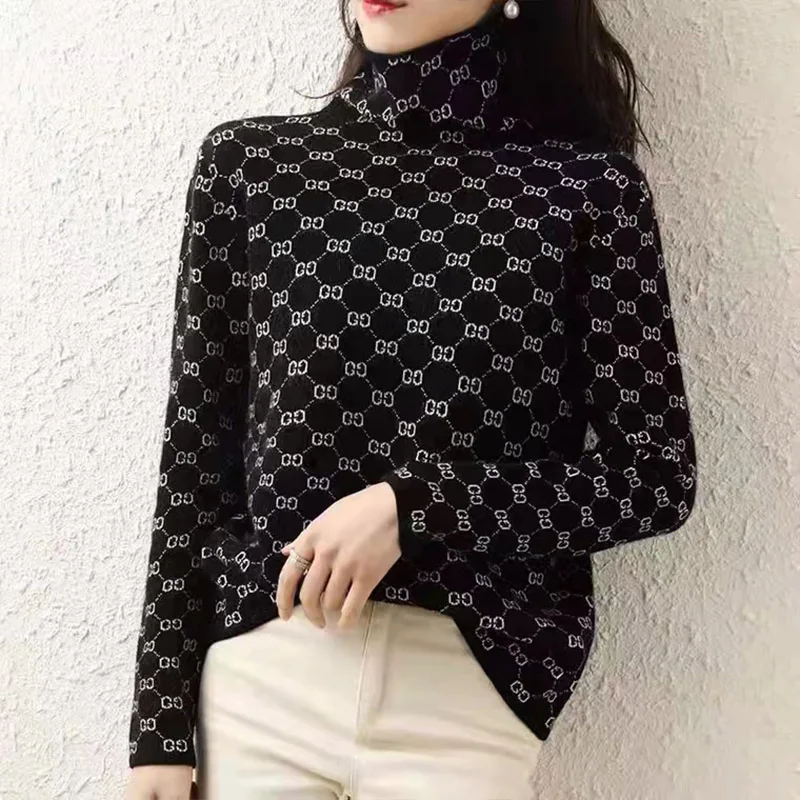 Autumn Winter Fashion Vintage Knit Thick Sweaters Women Clothing Y2k Letter Jacquard Turtleneck Tops Soft Wool Pullovers