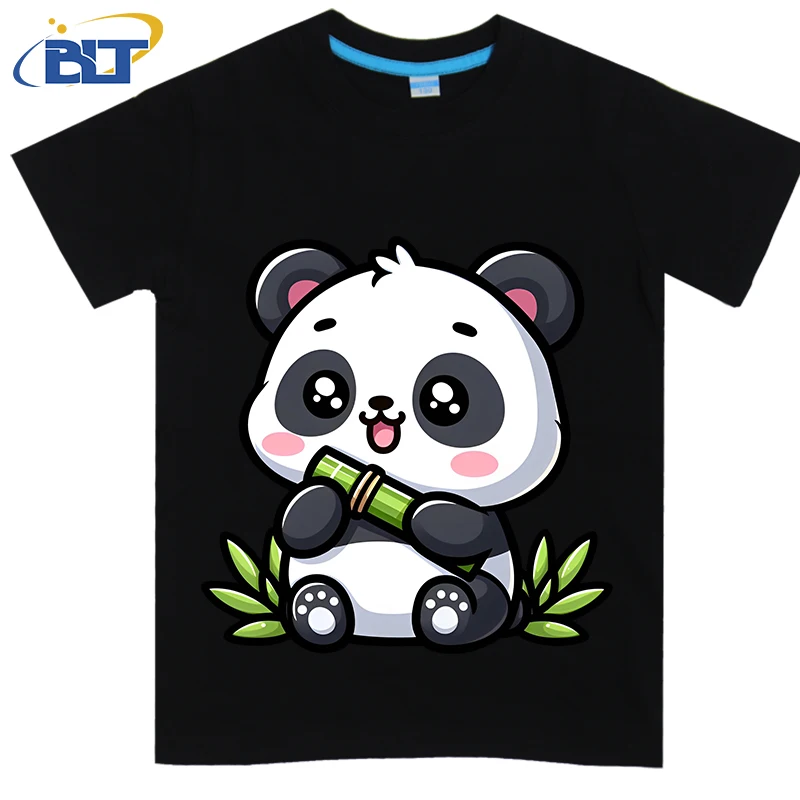 Panda with Bamboo printed kids T-shirt summer pure cotton short-sleeved casual top suitable for both boys and girls