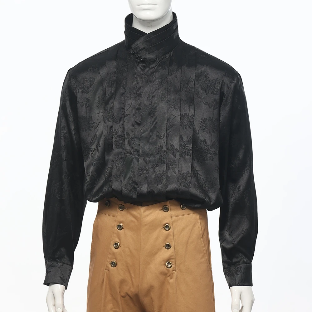 Men Satin Jacquard High-Collar Pleated Front Blouse with Floral Pattern Shirt