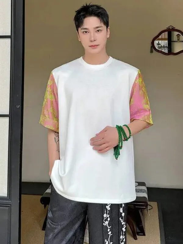 New Chinesestyle Men's Short Sleeve T-Shirt White Pink Color Block Jacquard Round Neck Loose Pullover Tee Summer 64EA