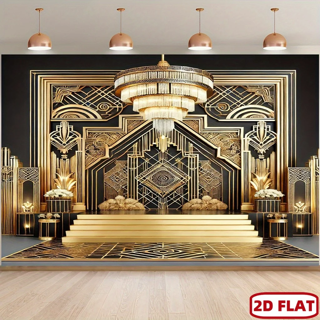 Roaring 20s Great Gatsby Tapestry Wall Hanging Black Gold Art Deco Geometric Background for Party Stage Living Room Home Decor