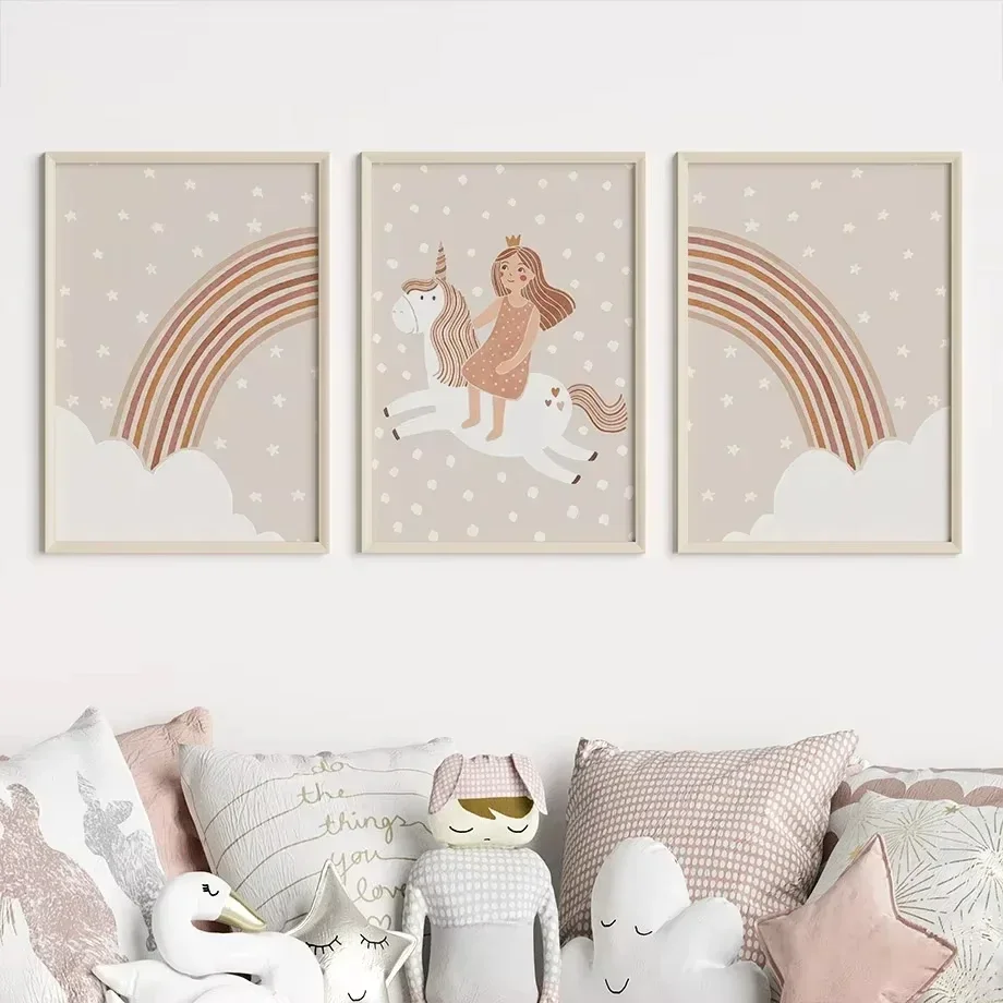 3PCS Large-sized frameless canvas paintings,Boho Cartoon Girls Horse Rainbow Heart Wall Art Nordic Posters Pictures For Kids Roo