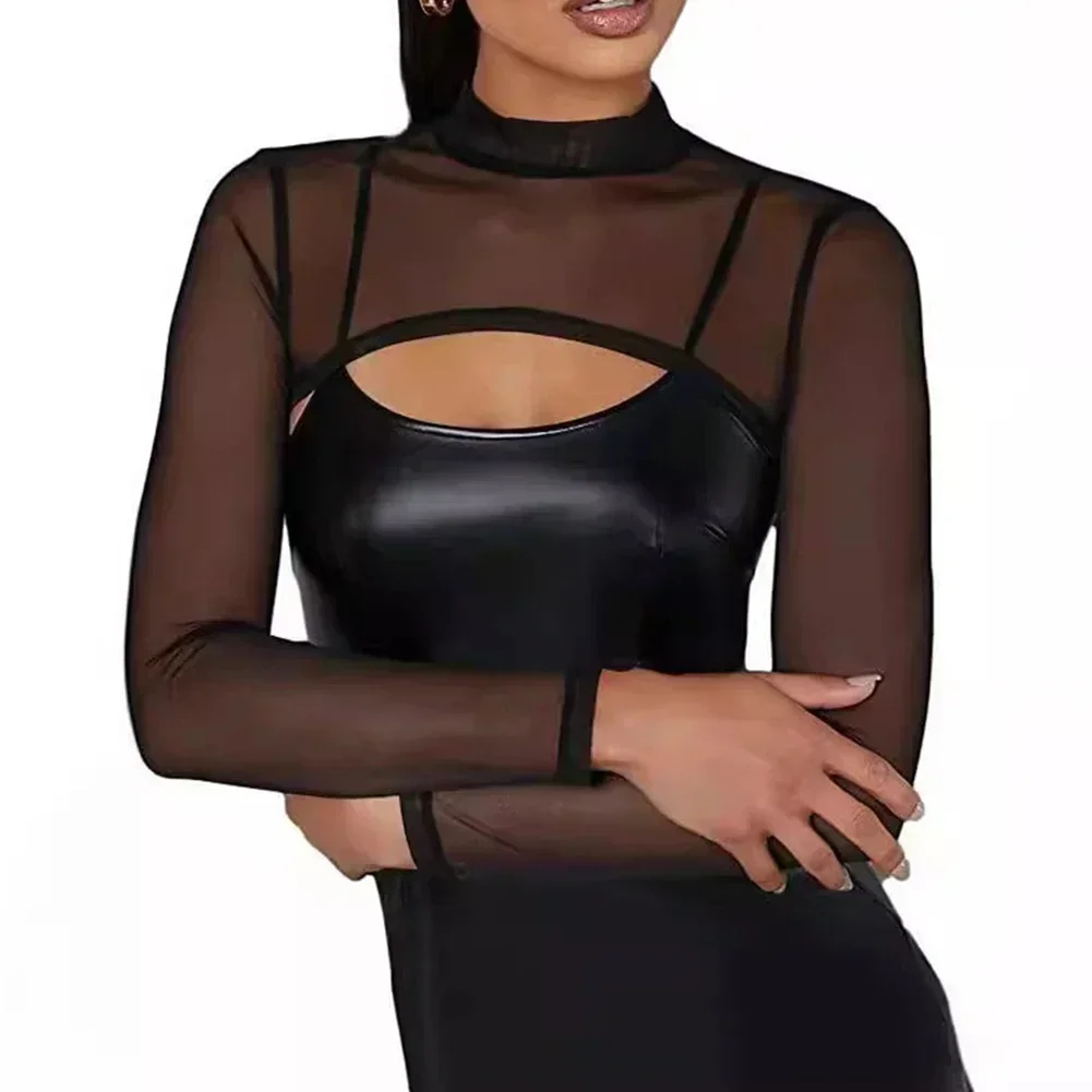 Women's Sexy Black Plain Mock Neck Mesh Cut-Off Long Sleeve Sheer Shrug Shirt Slim Fit Top Y2k Streetwear Tops Blouse T-shirt
