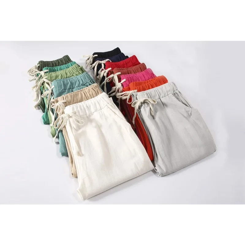 Calças de linho de algodão para mulheres calças soltas casuais cor sólida calças harém capri verão feminino