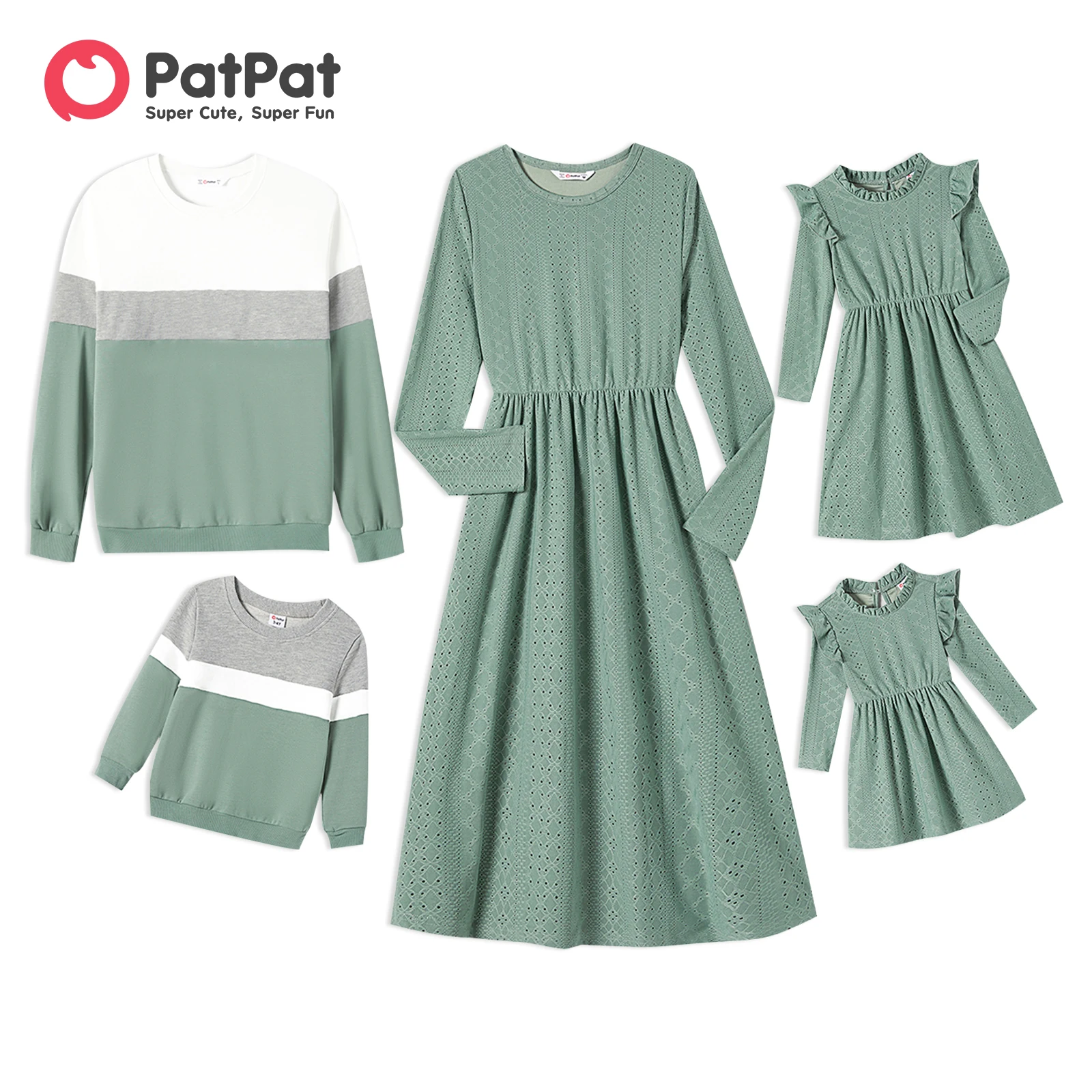 PatPat Family Matching Mint Green Lace Dresses And Color-block Long-sleeve tops Sets