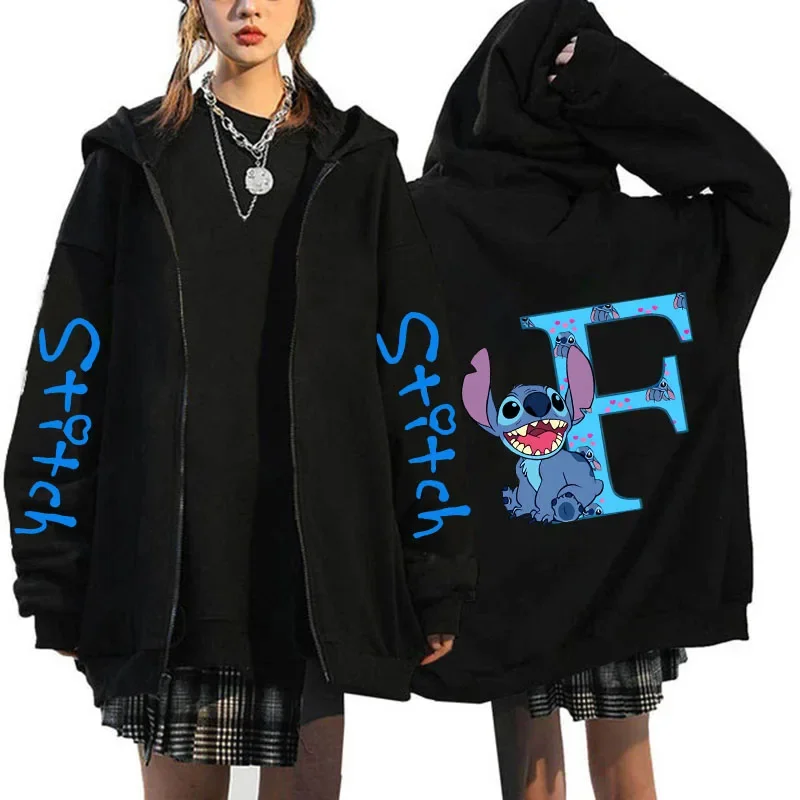 Felpe con cappuccio Zip Up Felpe con cappuccio da donna Cerniera carina Disney Lilo & Stitch 26 lettere inglesi Stampa Felpa con cappuccio Coppia Streetwear