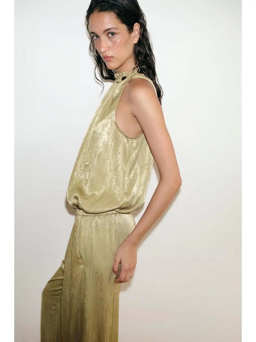 Summer New Back Tie Closure Pleated Neckline Bead Decoration Sleeveless Top Women's Fashion Ensemble Polyester Fiber Office Wear