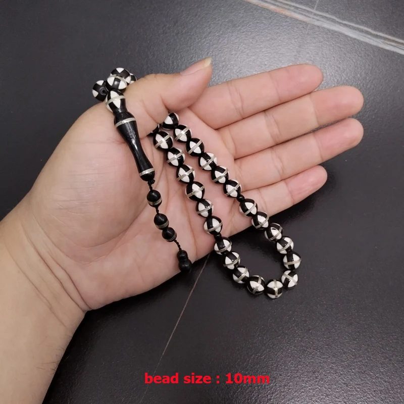 Tasbih Natural black kuka tree bead Inlaid silvers muslim Misbaha round 33 prayer beads Ramadan Eid gift