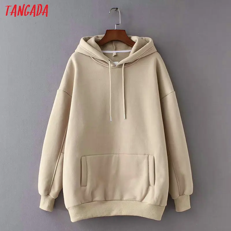 Tangada women fleece hoodie sweatshirts autumn winter fashion 2021 oversize ladies pullovers warm pocket hooded jacket SD60