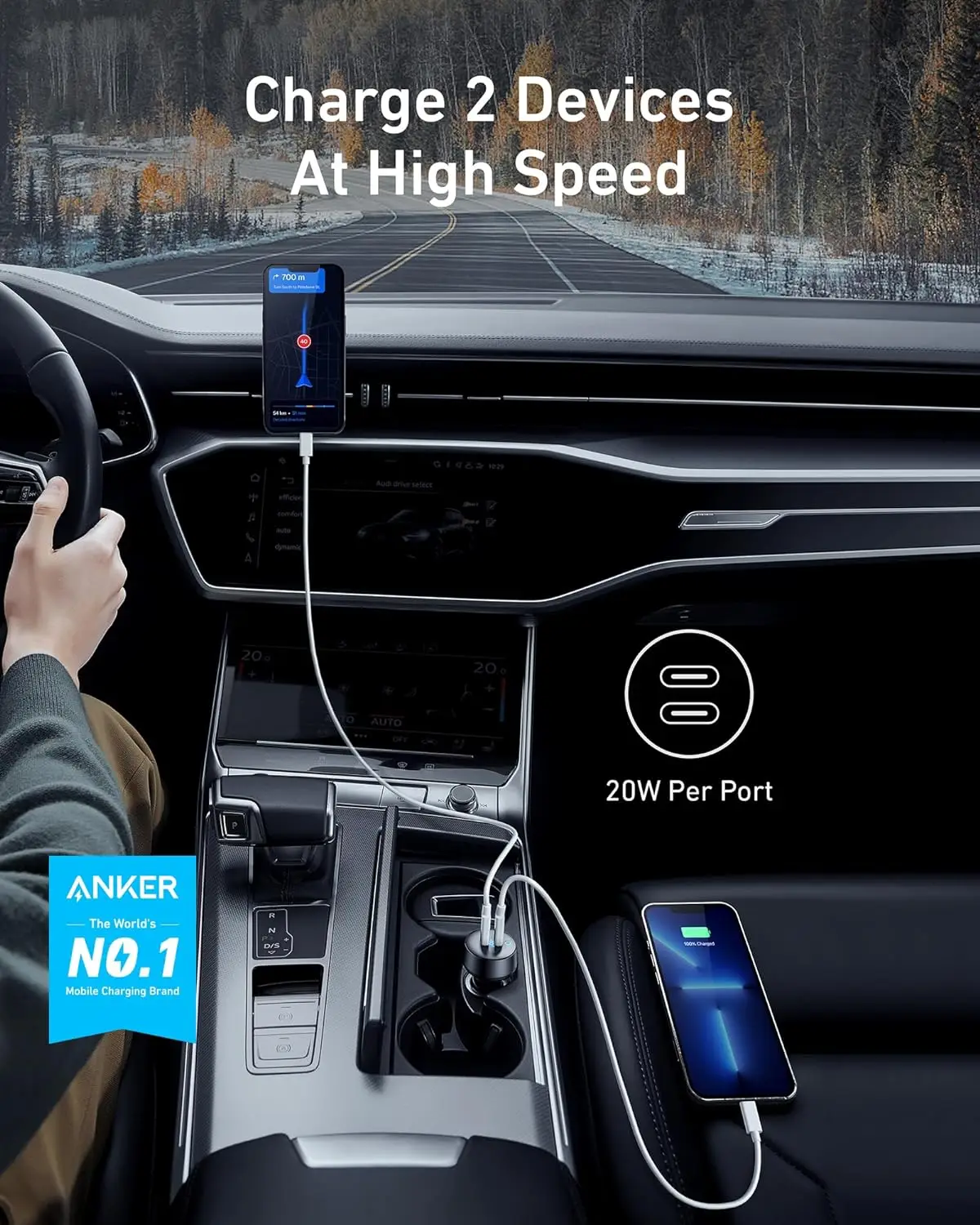 Anker USB C Car Charger 40W 2-Port PowerIQ 3.0 Type C Adapter PowerDrive III Duo with Power Delivery for iPhone