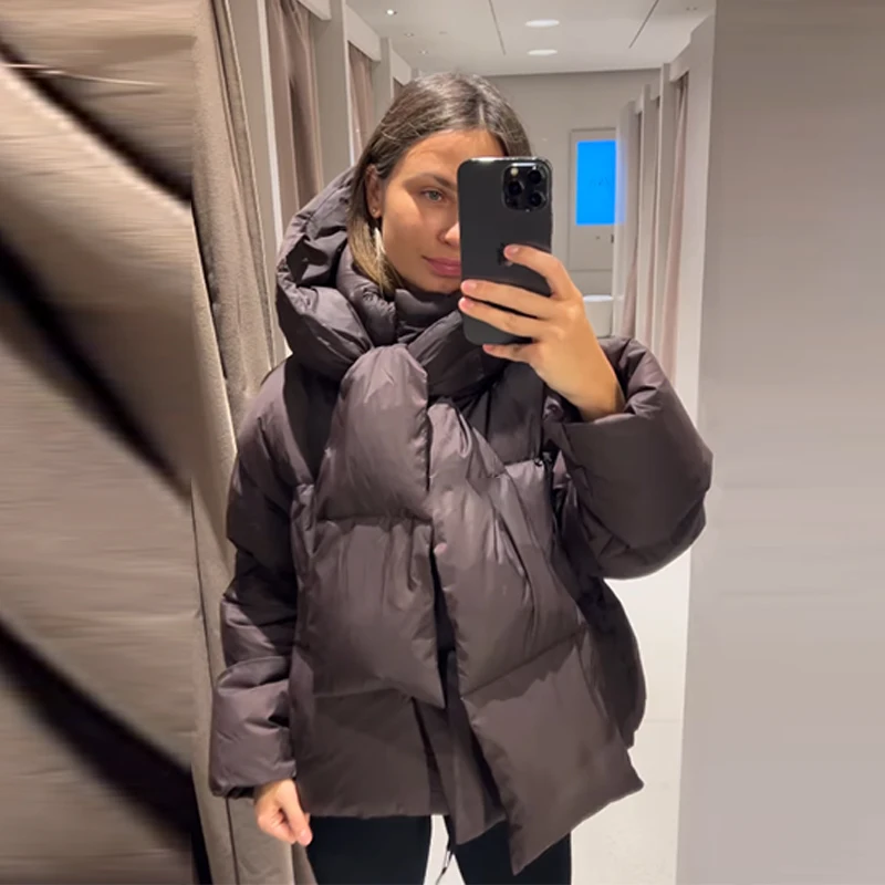 

Утепленный женский пуховик коричневого цвета со съемным шарфом и воротником с капюшоном, стеганые хлопковые пальто, новинка 2025 года, зимняя теплая верхняя одежда на молнии