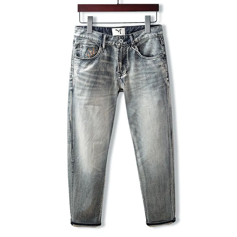 Модные и роскошные мужские джинсовые брюки с карманами и принтом, облегающие брюки прямого кроя, модные и универсальные элитные брюки