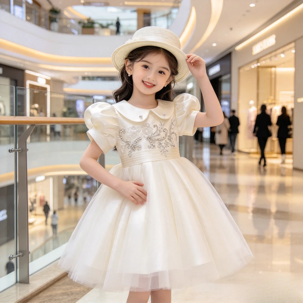 2026 Baby GirlsDress Kids Formal Attire Clothes First Birthday Party Dress White Wedding Flower Girl Tutu Gown Elegant Princess