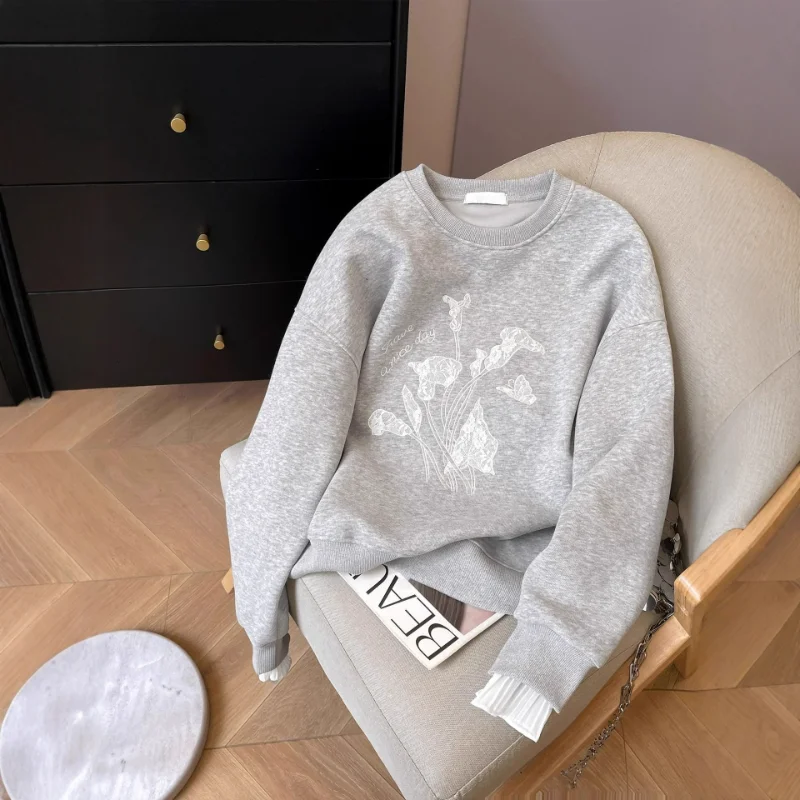 

Autumn Winter New Arrival Gray Hoodie For Women Casual Loose Patchwork Lace Embroidery Design Sense Top Trendy