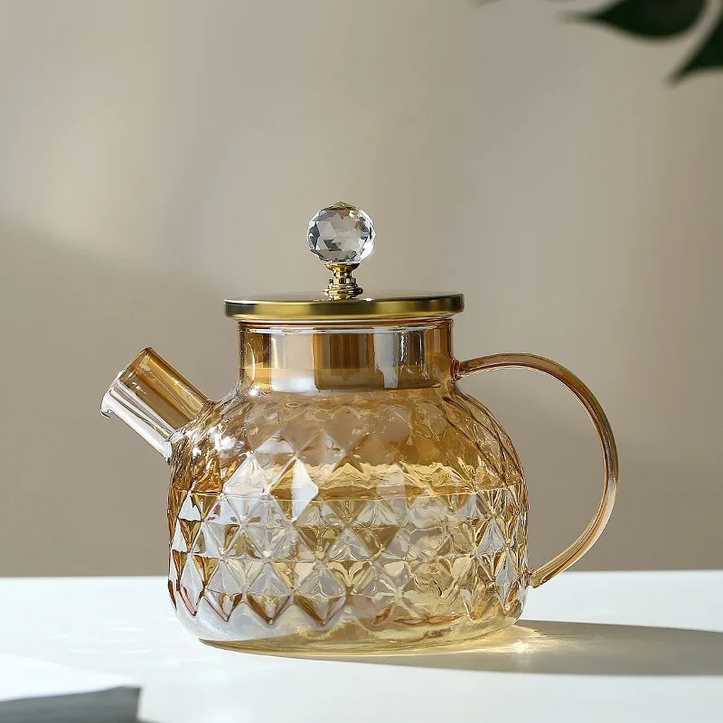 Tetera de vidrio de 1/1.8L con tapa y filtro, tetera color champán, resistente al frío y al calor, para té floreciente, té de frutas, color ámbar