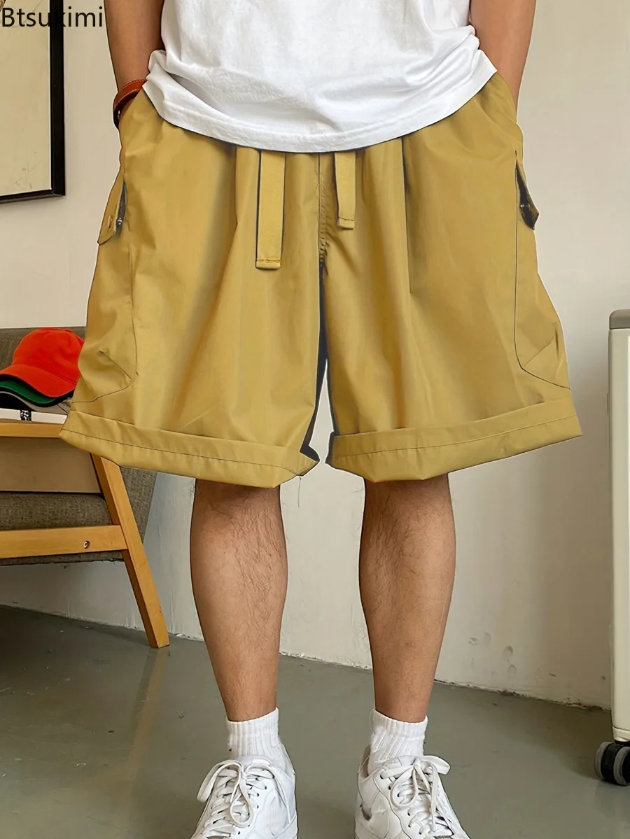 2026 Summer Men's Solid Color Big Pockets Cargo Shorts Loose Drawstring Straight Sweatpants Hip Hop Streetwear Men Casual Shorts