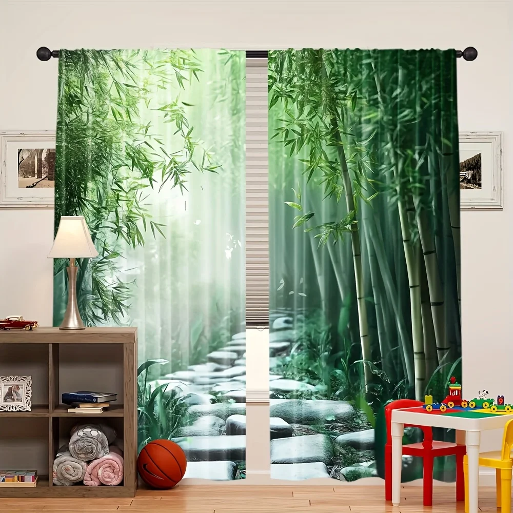 Bamboo grove and stone path Print Drapes Room Darkening Window Curtains for Home Decor,Rod Pocket Blackout Curtains Bedroom
