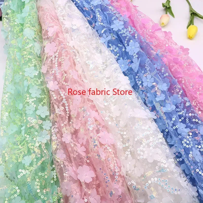 

14 Colors 3D Chiffon Flower Lace Fabric Floral Sequin Embroidery Mesh Tulle for Wedding Gowns, Flower Girl Dress Veil 1 yard