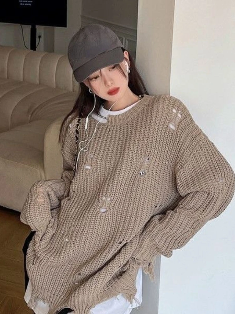 Y2k Harajuku Vintage Women\'s Clothing Solid Color Hole Design Lazy Style Loose Pullovers Autumn Winter Streetwear Knit Sweaters