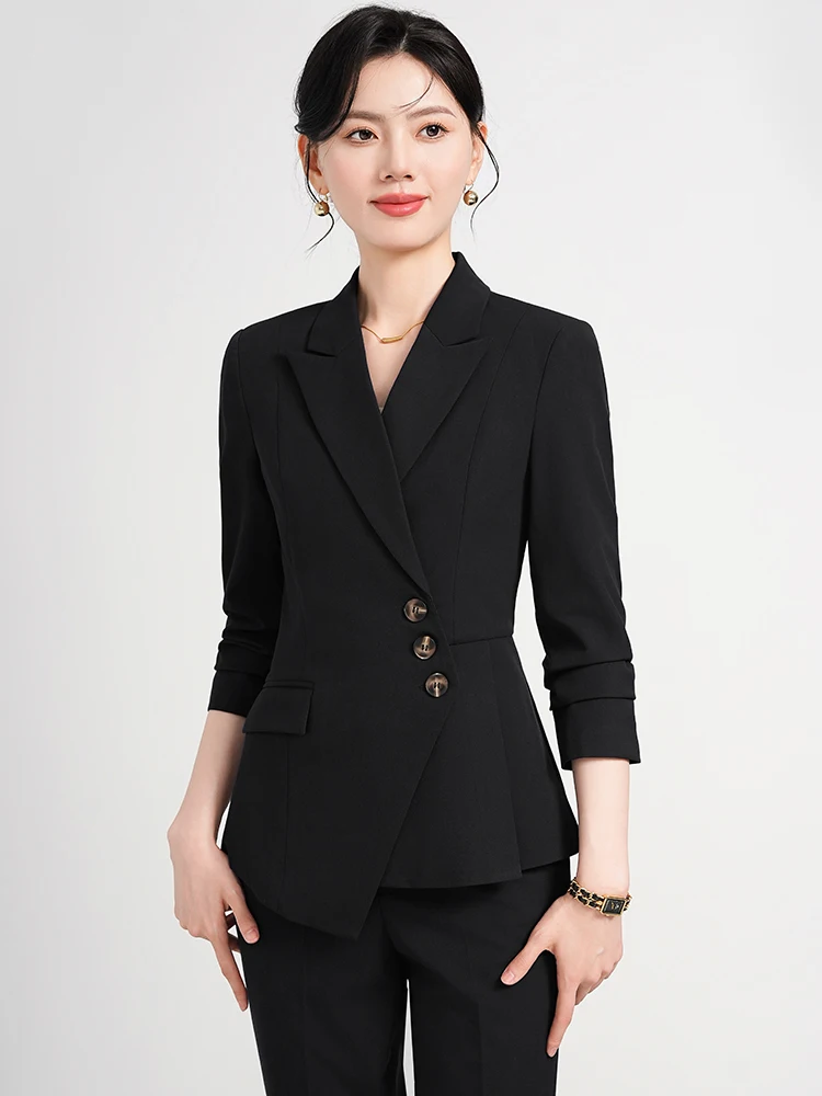 

Профессиональный черный костюм для женщин: комплект для весны и осени, униформа для менеджеров отелей, формальная рабочая одежда из полиэстера, с длинным рукавом и пуговицами