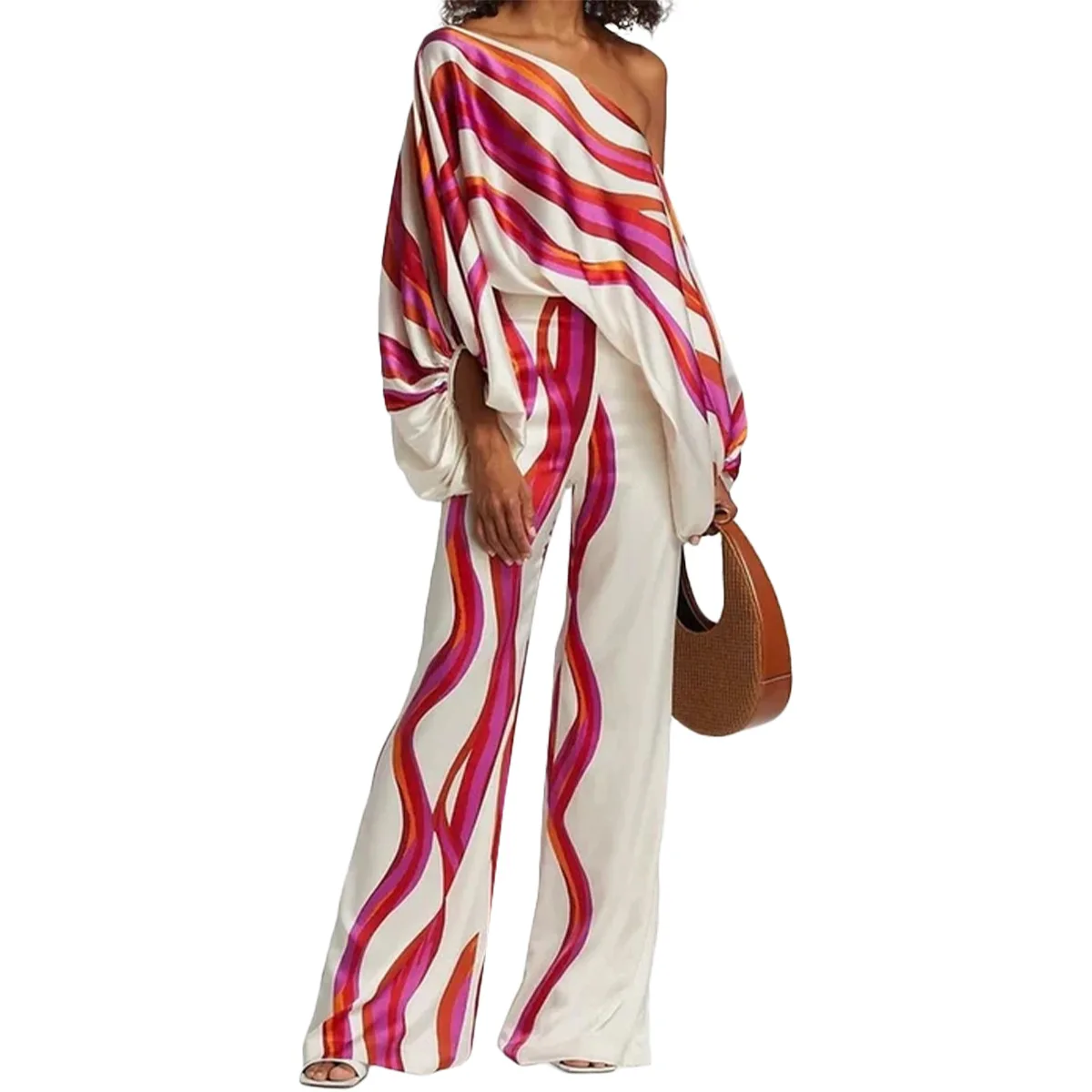 

Women'S Outfits Autumn Spring Printed Off Shoulder Bat Sleeve Top And Wide Leg Pants Casual Two Piece Set Fashion Suits Women
