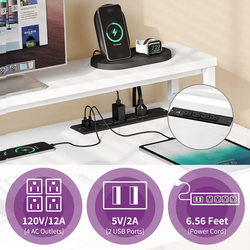 55" Computer Table PC Laptop Workstation Writing Desk w/Power Outlet LED Lights