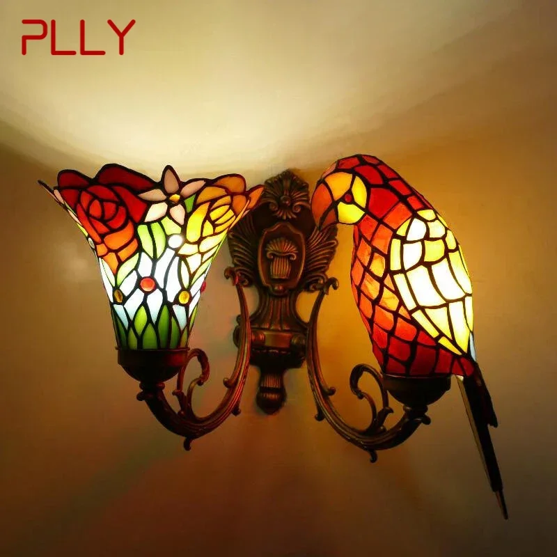 PLLY Tiffany parrot Wall Lamps American countryside Children's room Homestay Villa Hotel Stained Glass Animal Decoration Lamp