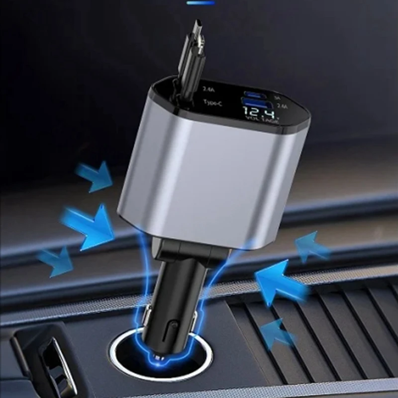 Car Retractable Car Charger 2 USB Ports Support 120W Super Fast Charge Flash Charge 4-In-1 Cigarette Lighter