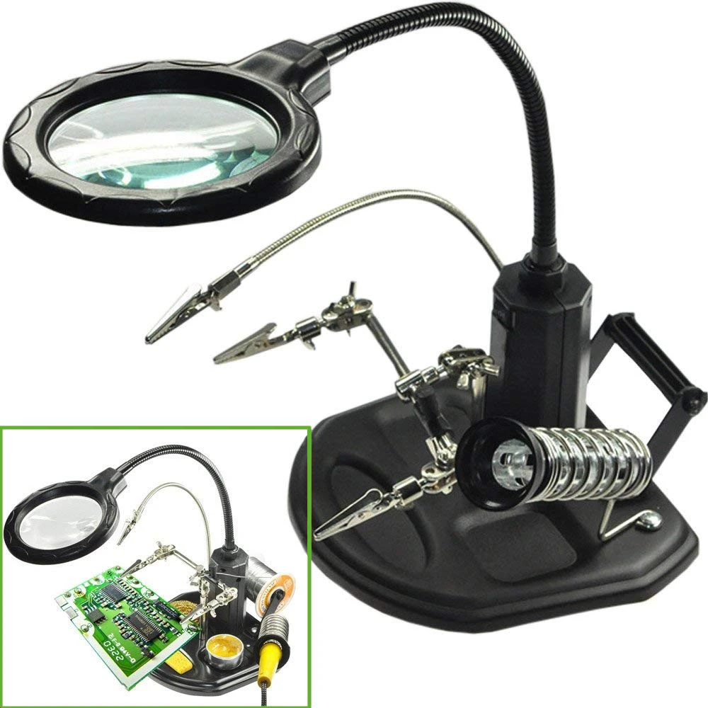 LED Helping Hands Soldering Station with 2.5X 4X Magnifying Glass Heavy Base Stand Clamps for Precision Work