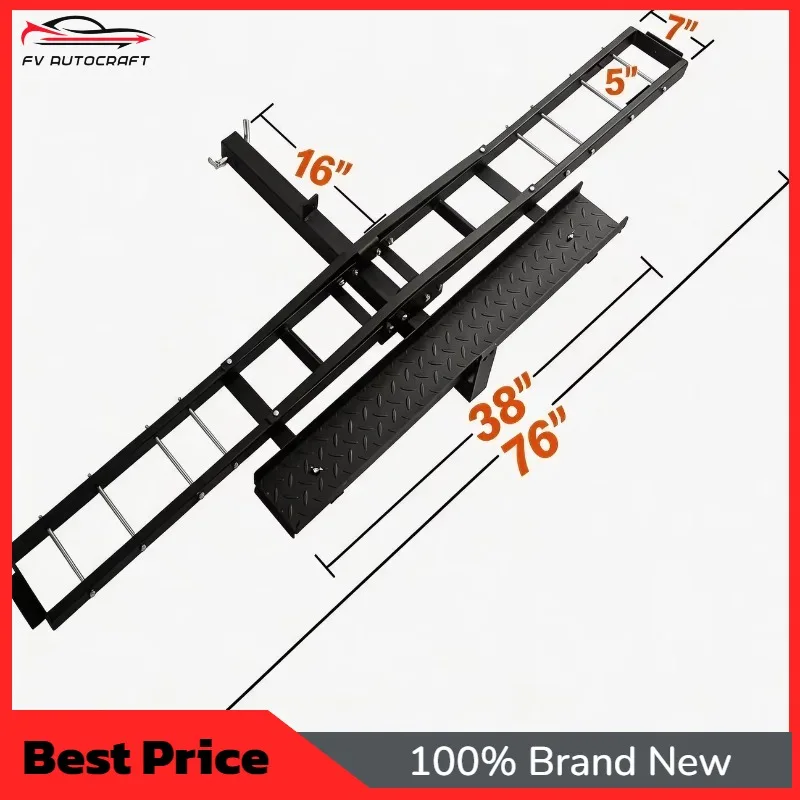 【2026】2 Inch Receiver Foldable Steel Motorbike Cargo Hauler Hitch Rack 500LBS Anti-Tilt Bike Ramp Ratchet Straps Moped Ebike Tru