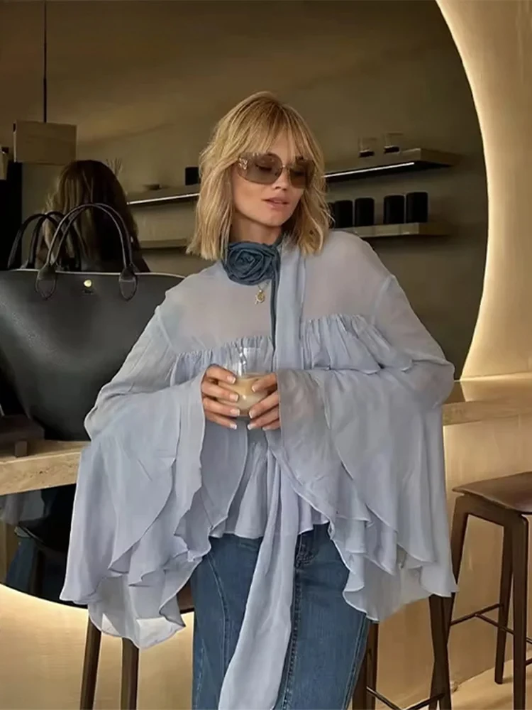

Elegant Chiffon Ruffle Women Shirts Oversize Long Flare Sleeve O-neck Female T-shirt Spring Summer Loose Lady Blue Blouses