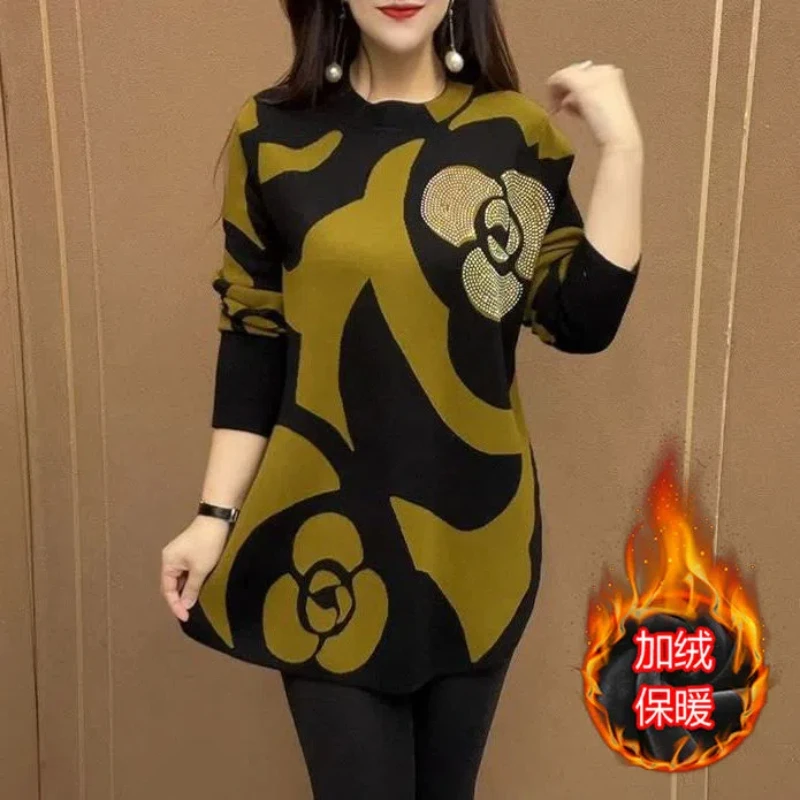 Plush Velvet Warm Mid-length Bottoming Shirt Winter New Retro Pattern Large Size Loose Casual Age-reducing Shirt