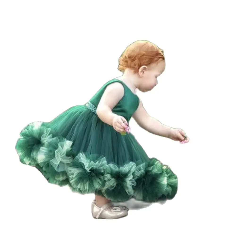 GreenTulle Princess Tiered Flower Girl Dresses Birthday Pageant Communion Robe De Demoiselle Baby Party 2022