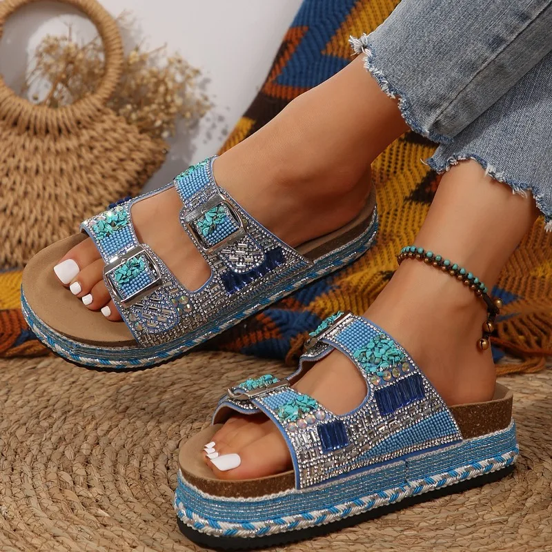 Metal Buckle Soft Sole Flip-flops Women's Outer Summer New Fashion and Versatile Rhinestone Wedge Non-slip Cool Slippers