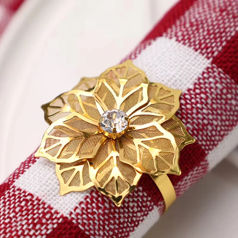 New 4pcs Gold Alloy Napkin Ring Flower Rhinestone Design Towel Napkin Buckle Holders Wedding Party Dinner Table Decoration