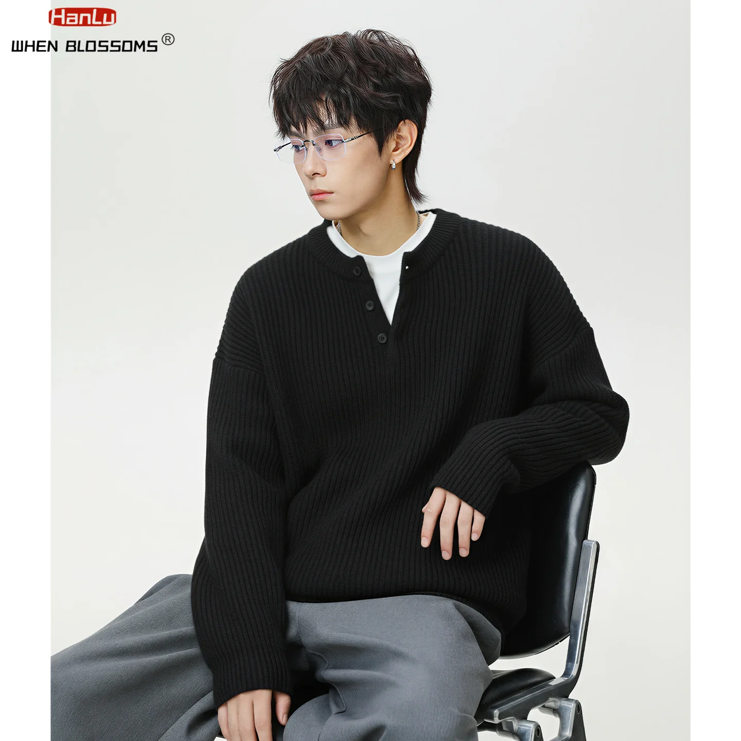 HANLU 2025 Men's Vintage Henley Neck Knit Sweater Heavyweight Textured Pullover Winter Thermal Crewneck Top